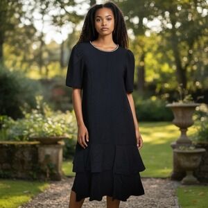 Michael Marcella Women 8 Cocktail Gothic Dress Black Puff Sleeves Pearl Ruffle